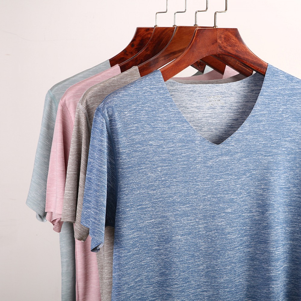 Pure Color V-Neck New Year Summer New Simple Seamless Ice Silk Men's Quick-Drying Short-Sleeved T-Shirt